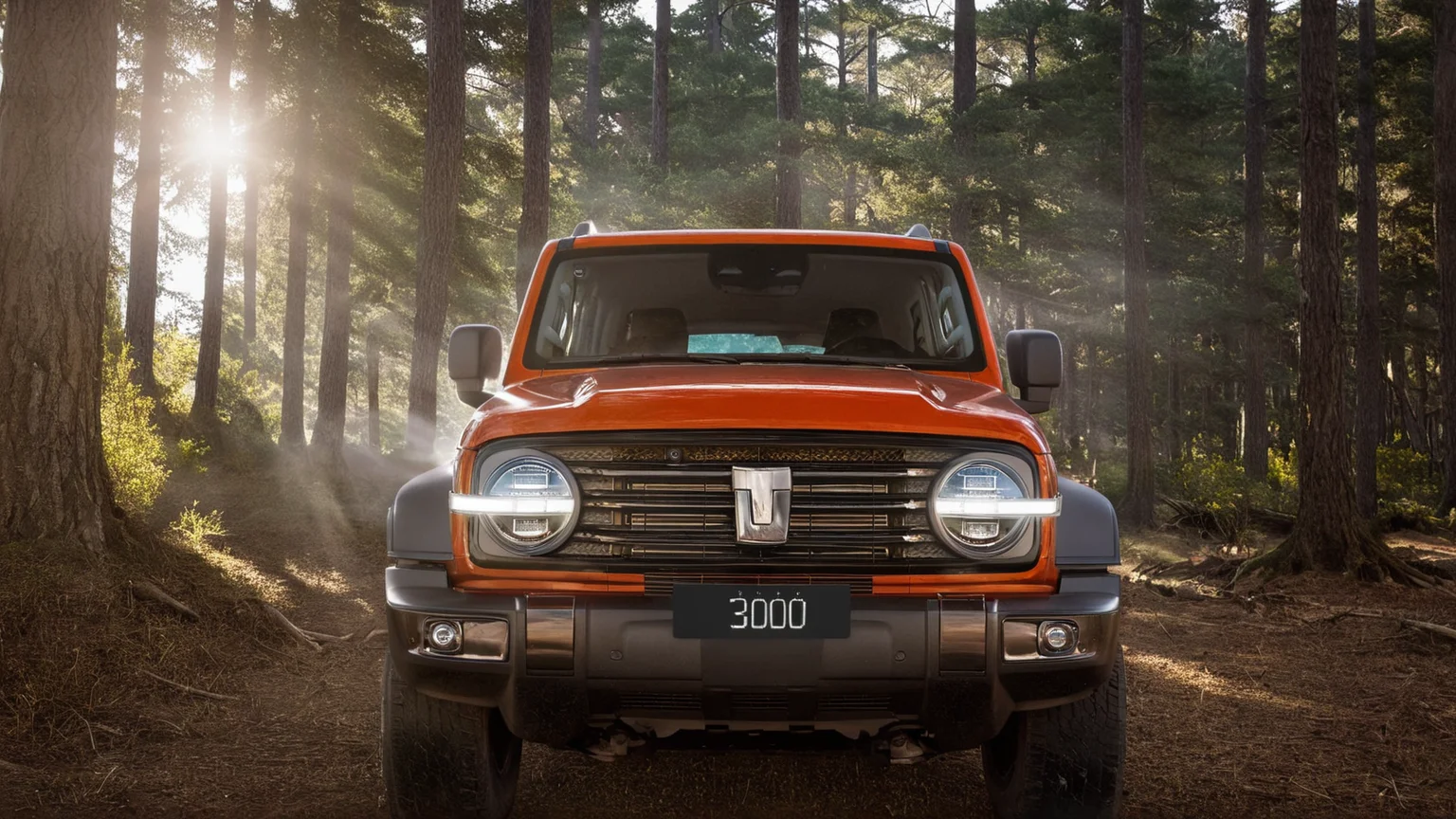 a gwm txxx parked in the middle of forest, sun light across the leaves, Tyndall effect, beautiful, hd, 8k, (photographic:1.5), magnificent, grandiose, mac os wallpaper <lora:GWMTank300_V2.0:1>