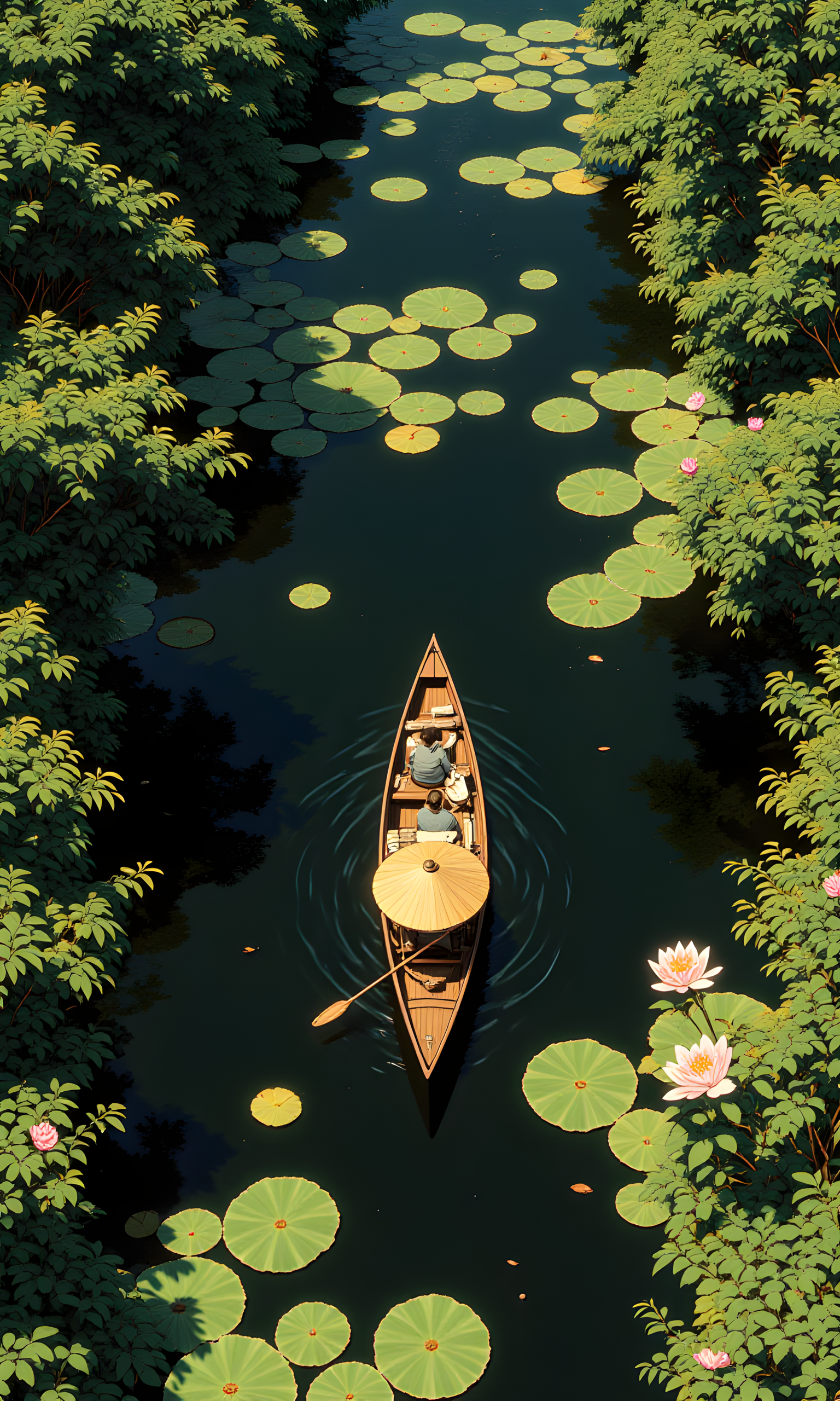 The image depicts a serene and picturesque scene of a small boat floating on a calm body of water, surrounded by lush greenery. The boat is covered with a traditional conical straw hat, which adds a touch of cultural authenticity to the scene. Inside the boat, there are two people sitting, one of whom appears to be rowing gently with a paddle.
The water is dotted with large, round lily pads, some of which have pink flowers blooming on them. The lily pads are scattered across the surface of the water, creating a natural pathway for the boat. The water itself is dark and reflective, mirroring the surrounding foliage and adding to the tranquil atmosphere.
The camera appears to be positioned above the scene, looking down at the boat and the water. This bird's-eye view provides a comprehensive perspective of the entire scene, allowing the viewer to take in all the details. The lighting is soft and diffused, suggesting that it might be early morning or late afternoon, when the light is gentle and warm.
The background is filled with dense green foliage, including trees and bushes, which frame the scene and create a sense of seclusion and privacy. The leaves are painted in various shades of green, from light to dark, adding depth and texture to the image. The overall effect is one of peace and tranquility, capturing a moment of quiet reflection in nature.
BREAK anime, d13s3lp2nk, bboil artist style, OBdonman, Anime art, <lora:FLUX\Anime Art V3:0.2>, <lora:FLUX\Synesthesia:0.2>, <lora:FLUX\RetroAnimeS1.1:0.5>, <lora:FLUX\Flux-jijia:0.1>, <lora:FLUX\It's a LoRA for portraits, BUT! actually specialized in backgrounds. v1.0:0.1>, <lora:FLUX\GLSHS:0.2>, <lora:FLUX\Dieselpunk Delight - s0_9 g4:0.4>, <lora:FLUX\OBdonman, anime0style portrait:0.1>