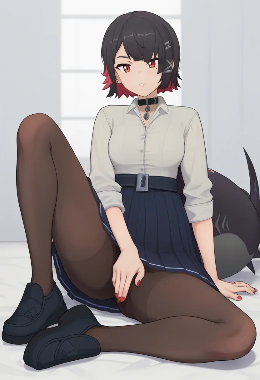 score_9, score_8_up, score_7_up, 1girl, solo, full body, sitting, school uniform, brown pantyhose, pendant choker, grey shirt, belt, pleated skirt, school shoes, tail, short hair, red eyes, red nails, ellen joe<lora:ellen joe xl 030:1>