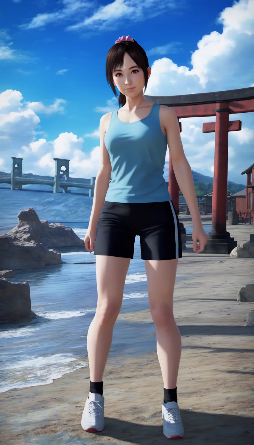score_9,score_8_up,score_7_up,
<lora:miiyamotoHikari1512:0.8>,miiyamotohikari,1girl,solo,
black hair,ponytail,bangs,scrunchie,pink scrunchie,brown eyes,
tank top,cyan tank top,short sleeves,black shorts,(white sports shoes:1.1),
looking at viewer,smile,
outdoors,sky,seaside,cloud,stone pavement,large bridge,distant mountains,clear blue sky,soft clouds drifting,summer,japanes house,torii,
vignetting,blurry background,
medium breasts,best hips,skindentation,
standing,full body,dynamic pose,
