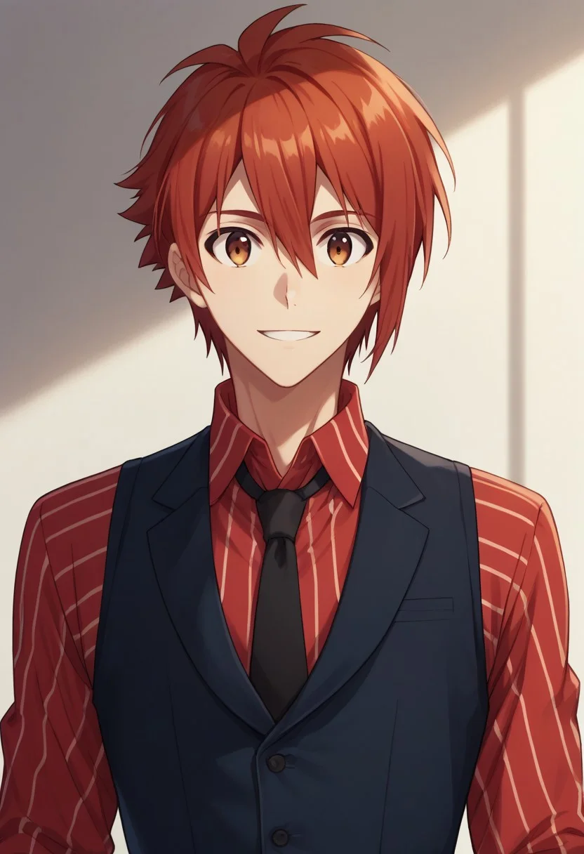 score_9, score_8_up, score_7_up, source_anime, highly detailed,
rikunanase, 1boy, male focus, necktie, smile, solo, shirt, black necktie, collared shirt, striped, red shirt, upper body,
hair between eyes, vest, red hair, brown eyes, striped shirt,
indoor,