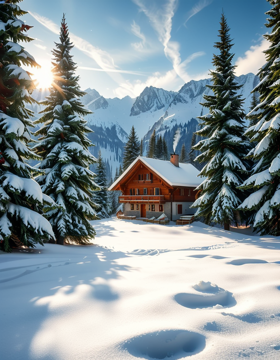 A cozy wooden chalet nestled in a serene winter landscape, surrounded by tall, snow-covered pine trees. Warm golden lights glow from the chalet's windows, contrasting with the crisp, cold air of the snowy evening. A thick layer of fresh snow blankets the ground, with a few footprints leading to the wooden front door. Smoke gently rises from the chimney, suggesting a warm fire inside. The sky is a soft twilight blue, with the first stars beginning to appear. In the foreground, a wooden fence partially covered in snow adds to the rustic charm. A small stack of firewood is neatly arranged near the entrance. The atmosphere is peaceful and inviting, evoking a sense of warmth and solitude in the midst of nature. The art style is hyper-realistic with soft lighting and high detail, emphasizing the texture of the wood, snow, and trees.
<lora:SDXLFaeTastic2400:0.4> <lora:extremely_detailed:0.4> extremely detailed, <lora:winter_l4ndsc4p3:1>,winter l4ndsc4p3, Masterpiece,best quality,hi res,8k,hi res,8k,award winning,(sharp focus, intricate, highly detailed),
