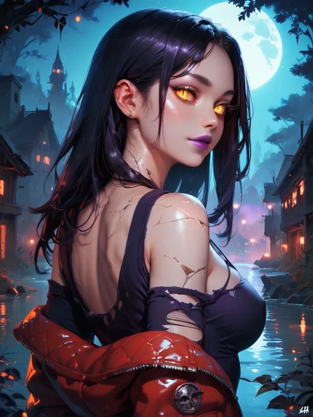 Score_9, score_8_up, score_7_up, score_6_up, score_5_up, solo, from behind, looking_back, looking at viewer, long hair, dark hair, upperbody, breasts, Glowing, collarbone, cracked skin, Glowing eyes, yellow eyes, single bare shoulder, torn clothes, purple lips, orange eyes, slit pupil, colored sclera, torn jacket, purple dress, red jacket, bettereyes, detailed_eyes,
Outdoors, swamp, cityscape, archaic, night sky, night, ruins, tree, city, gothic architecture, fog, mist,
<lora:Concept_Eye_Detail_-_Pony-000004:0.8> zPDXL2 <lora:g0th1cPXL:0.5>