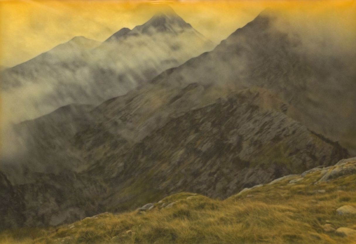 colouring_experiment_analogue, a foggy mountain, hard shadow
