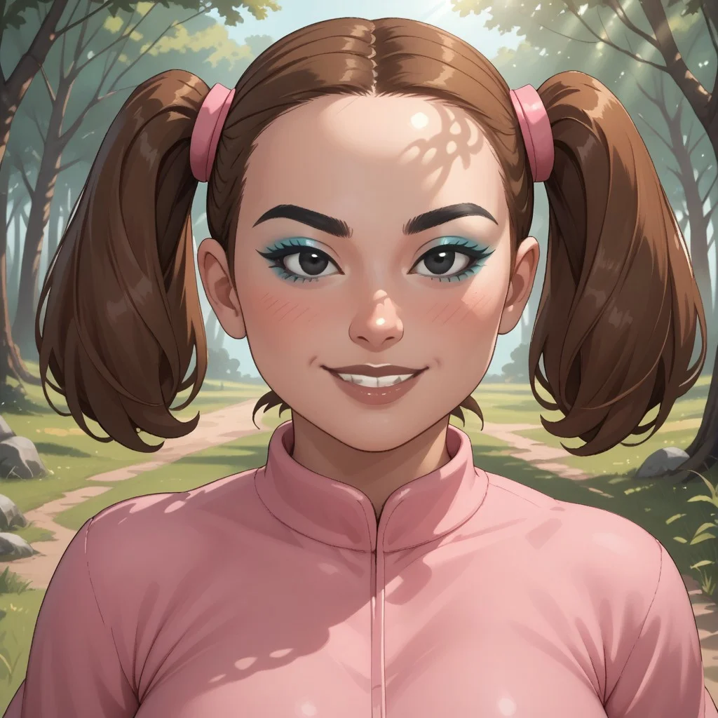 score_9, score_8, BREAK, solo, wii, mii, wii sports, 1girl, female mii, brown hair, twintails, black eyes, black eyebrows, blue eyeshadow, makeup, blush, brown lips, lipstick, teeth, pink clothing, white pants, barefoot, big breasts, nintendo mii, modern_mii, classic_mii, Yaami_(OC_Mii), plump, fat, chubby, sexy pose, self portrait, smile, outdoors, sunlight, shadows, evening lighting, natural lighting, forest, trees, grass, orange sky, sunset