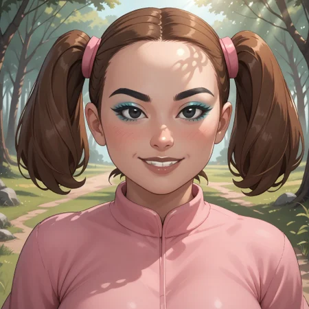 score_9, score_8, BREAK, solo, wii, mii, wii sports, 1girl, female mii, brown hair, twintails, black eyes, black eyebrows, blue eyeshadow, makeup, blush, brown lips, lipstick, teeth, pink clothing, white pants, barefoot, big breasts, nintendo mii, modern_mii, classic_mii, Yaami_(OC_Mii), plump, fat, chubby, sexy pose, self portrait, smile, outdoors, sunlight, shadows, evening lighting, natural lighting, forest, trees, grass, orange sky, sunset