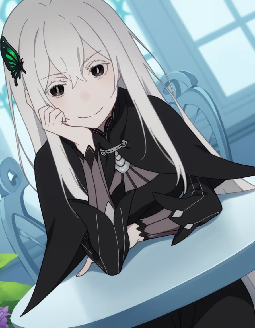 score_9, score_8_up, score_7_up, source_anime, <lora:rezero-echidna-s2-ponyxl-lora-nochekaiser:1>, echidna, colored eyelashes, white hair, hair between eyes, long hair, straight hair, black eyes, medium breasts,, black capelet, black dress, butterfly hair ornament, capelet, dress, hair ornament,, indoors, smile, looking at viewer, solo, sitting, head rest, table,, cowboy shot, dutch angle