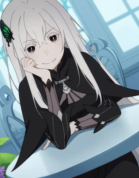 score_9, score_8_up, score_7_up, source_anime, <lora:rezero-echidna-s2-ponyxl-lora-nochekaiser:1>, echidna, colored eyelashes, white hair, hair between eyes, long hair, straight hair, black eyes, medium breasts,, black capelet, black dress, butterfly hair ornament, capelet, dress, hair ornament,, indoors, smile, looking at viewer, solo, sitting, head rest, table,, cowboy shot, dutch angle