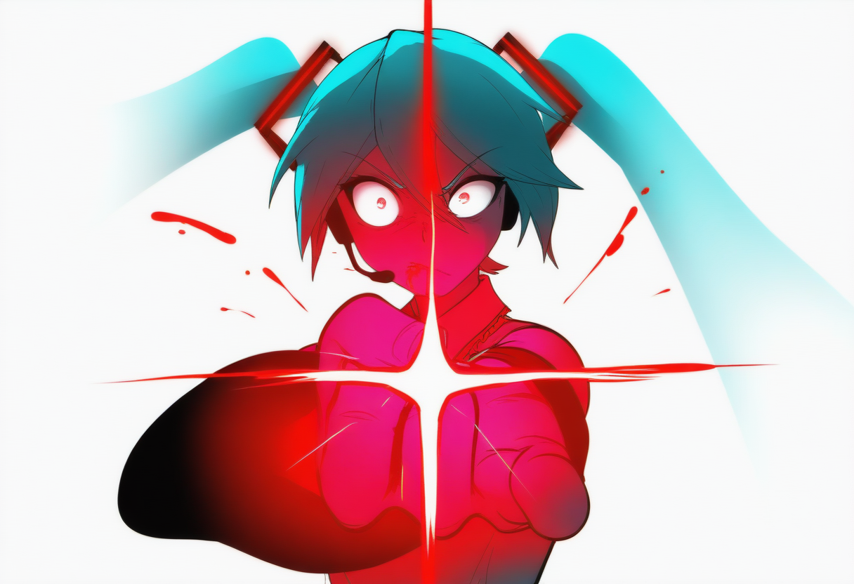 memehollowpurple, meme, 1girl, serious, solo, Constricted Pupils, (hatsune miku), twintails, very long hair, looking at viewer, upper body, close-up, hand up, clenched hand, [glowing], shine, white background, magic, blood from mouth, frown,glowing eye, blood on clothes, incoming attack
masterpiece, best quality, very aesthetic, newest, absurdres, highly-detailed, ultra-detailed, cinematic lighting, dramatic lighting