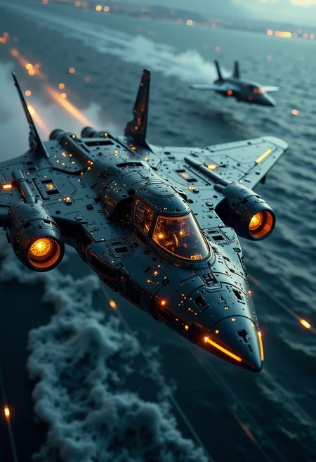 in the style of ck-mgs, A digital artwork in the style of cknc, a_skynet_cyberdyne_craft, the image is featuring a futuristic, highly advanced stealth spy plane flying rapidly at altitude over a stormy sea at night. The fuselage is made of a dark gunmetal alloy and the cockpit shows glowing led lights, and is covered in intricate neon yellow electrical circuitry; the engines have large air intakes, dutch angle, the plane angled diagonally from left to right, motion blur