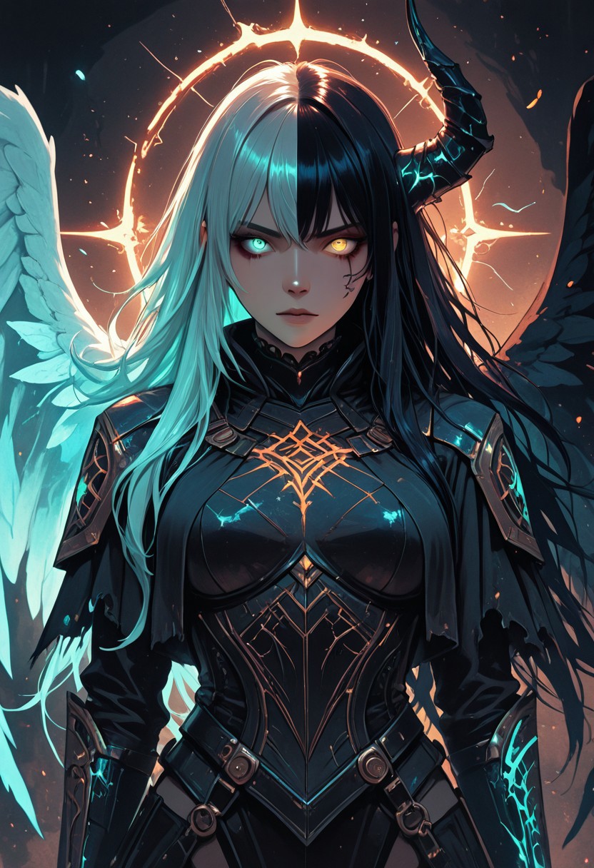 (masterpiece), (best quality), (8k), two girls, angel and demon, intense stare-down, not fighting but full of tension, glowing eyes, magical aura, emissive lighting effects, cinematic lighting, golden hour glow, divine vs infernal contrast, glowing halo above angel, broken or burning halo above demon, floating sparks, glowing tattoos or markings, glowing feathers vs shadowy wings, ambient light particles, symmetrical composition, high detail, soft shadows and light contrast, dramatic environment, detailed armor and flowing cloth, mystical energy in air,