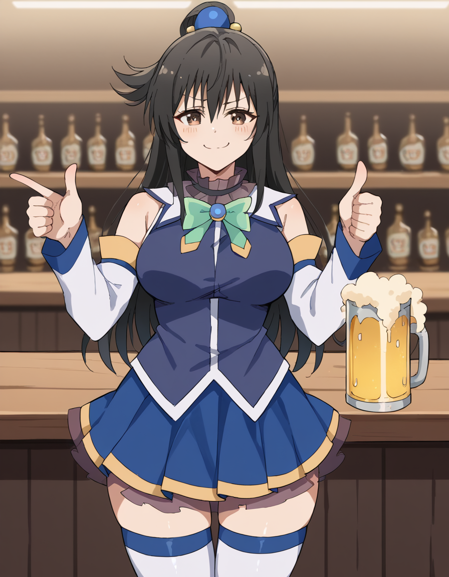 score_9, score_8_up, score_7_up, source_anime, <lora:yui-kotegawa-darkness-ponyxl-lora-nochekaiser:1>, yui kotegawa, black hair, brown eyes, long hair, large breasts, <lora:aqua-cosplay-ponyxl-lora-nochekaiser:1>, aqua cosplay, aqua (konosuba) (cosplay), skirt, shirt, thighhighs, bare shoulders, detached sleeves, white thighhighs, blue skirt, blue shirt, green bow,, bar, beer, beer mug, thumbs up, smile, smug, holding beer mug,,