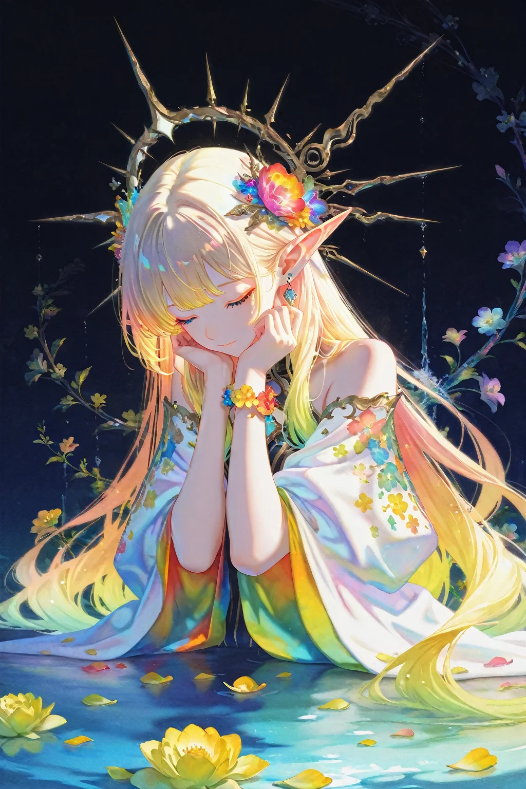 (masterpiece, gradient, recent, good_quality, high_quality, newest, very aesthetic, vibrant_background, abstract_background, colorful, surreal, anime_coloring:1, vectortrace:1, flat_colors:1) (BV-Illu, 1girl, long_hair, blonde_hair, flower, flower_bracelet, elf_ears, halo, hair_ornament, earrings, colorful, gradient_hair, looking_down, multicolored, petals, floral_background, water, surreal, fantasy, ornate_costume, detailed_background, hands_up, soft_lighting, watercolor_(style), wide_sleeves),<lora:BV_Style_Illu_Edition:0.7>,BV-Illu,