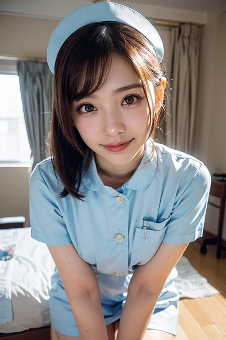 (RAW photo, best quality), smiling (asian female nurse with black hair) KM_hyo-sonn, wide smile , (ojou-sama pose), nurse uniform, BREAK
,  ultra-detailed realistic skin texture, modern hospital room, photo, 1girl, ultra high res, realistic photorealistic, ultra-detailed, finely detailed, high resolution, perfect dynamic composition, (perfect eyes), (detailed eyes), solid circle eyes, sparkling eyes, (clean eyes), anatomically correct, super detail, textured skin, extremely detailed face and eyes, detailed facial features, ((perfect face)), tiny waist, wide hips