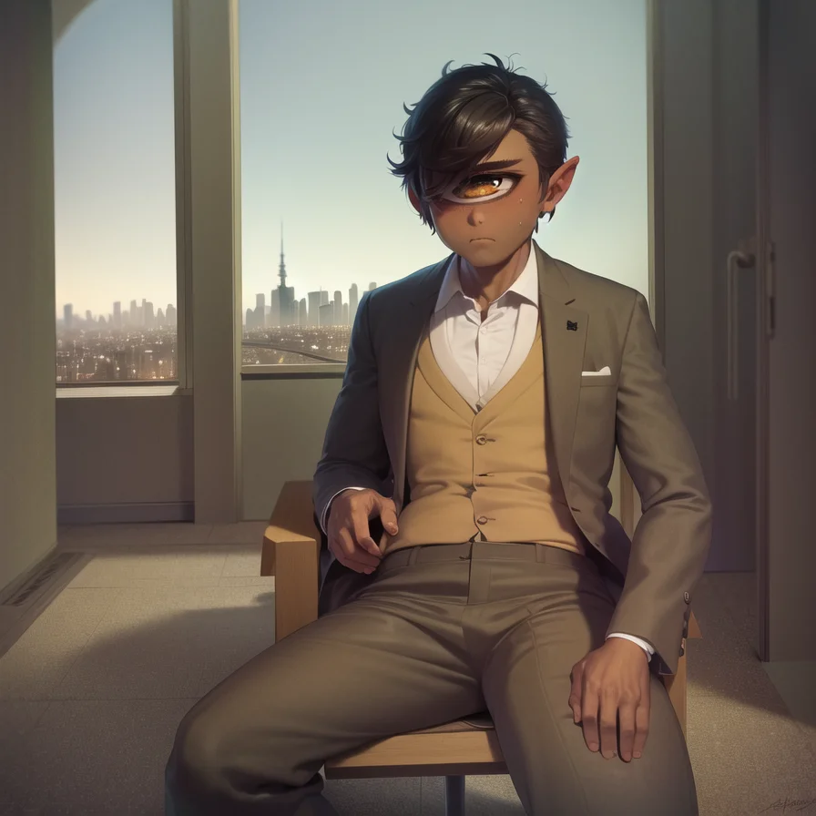 masterpiece, best quality, ultra-detailed, illustration, Solo, (1boy:1.2), (one eye:1.2), (cyclops:1.1), short black hair, dark skin, brown eyes, horns, modern city, suit jacket, suitcase, sitting on a chair, frown, cowboy shot,
