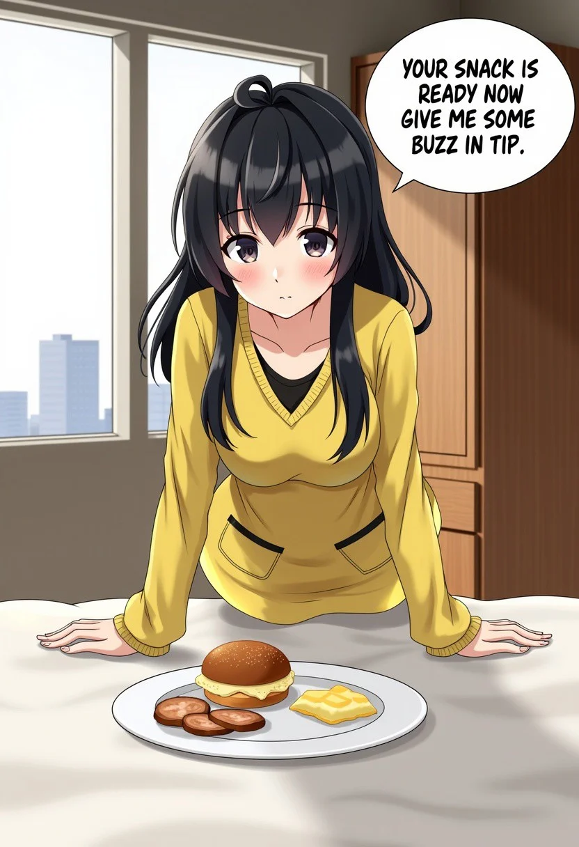A beautiful girl wearing a yellow and black outfit, leaning forward on a bed with a plate of food in the foreground. There is a speech bubble with text that reads: 'YOUR SNACK IS READY NOW GIVE ME SOME BUZZ IN TIP.' The background includes a window with a cityscape view and a wooden cabinet.