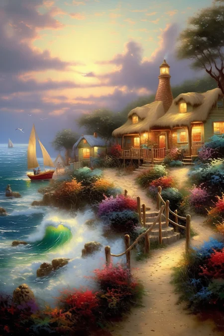 <lora:Thomas Kinkade Style:1>Thomas Kinkade Style - thomas kinkade original oil painting ocean villagehyper - detailed hyper - realistic photorealistic hd 8k