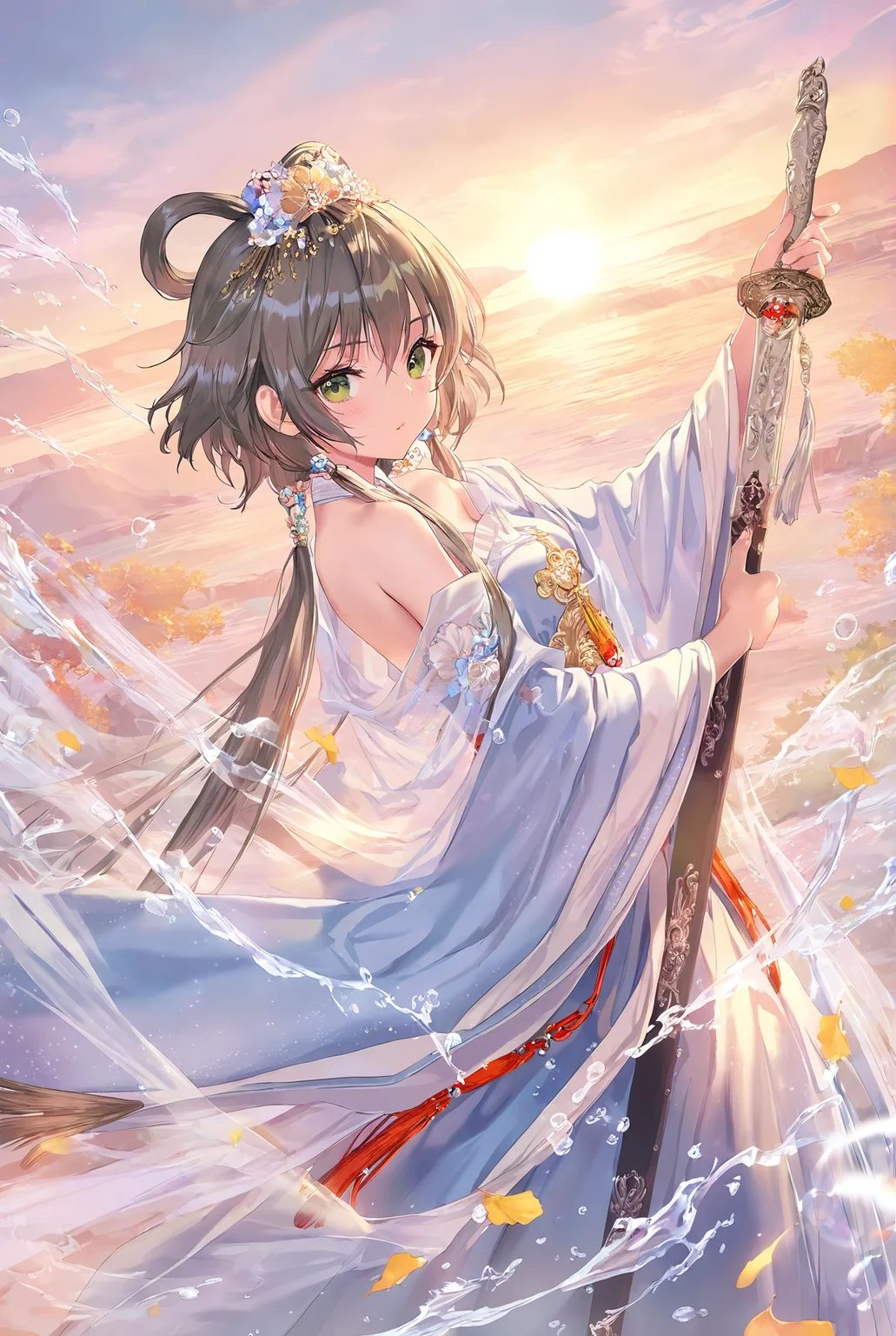 {luo_tianyi},(artist:atdan:0.9),(artist:torino_aqua:0.8),(artist:izumi_tsubasu:0.9),(artist:kedama_milk:1.05),(artist:nardack:0.75),(artist:ke-ta:0.95),(artist:toosaka_asagi:0.7),(artist:sho_(sho_lwlw):0.8),(artist:as109:0.8),year 2024,
1girl,shiny skin,blush,holding sword,chinese sword,{{dynamic angle}},{{{{{hanfu}}}}},chinese clothes,transparent clothes,tassel,chinese knot,bare shoulders,kanzashi,draped silk,gold trim,wind,bokeh,scattered leaves,flying splashes,waterfall,splashed water,looking at viewer,{{{close up}}},face focus,from side,sunrise,
extremely detailed cg unity 8k wallpaper,masterpiece,original,highres,ray tracing,dynamic lighting,refined rendering,depth of field,ambience sense,detailed light,extremely light,beautiful detailed lighting,perfect lighting,best shadow,detailed shadow,