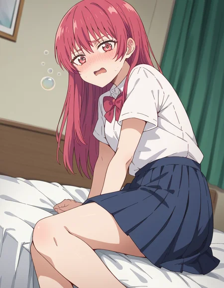 score_9, score_8_up, score_7_up, source_anime, <lora:saki-saki-s2-ponyxl-lora-nochekaiser:1>, saki saki, long hair, bangs, red eyes, red hair,, skirt, shirt, bow, school uniform, white shirt, short sleeves, pleated skirt, bowtie, blue skirt,, indoors, bed, bed room, on side, blush, drunk, looking at viewer, solo,, cowboy shot, dutch angle