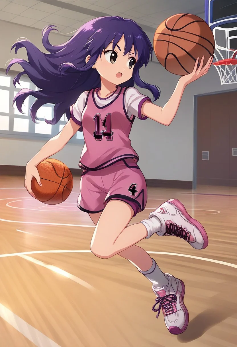 score_8, score_8_up, score_7_up, official art, 1girl, solo, Orochi_GF, Rin_GF, black eyes, purple hair, long hair, sidelocks, basketball uniform, basketball jersey, pink basketball jersey, sportswear, sleeveless, short sleeves, short sleeves under sleeveless, number print, clothes writing, shorts, pink shorts, short socks, white socks, sneakers, white footwear, indoors, basketball court, basketball hoop, jumping, midair, basketball, basketball (object), holding ball, full body, (from above:0.5), floor