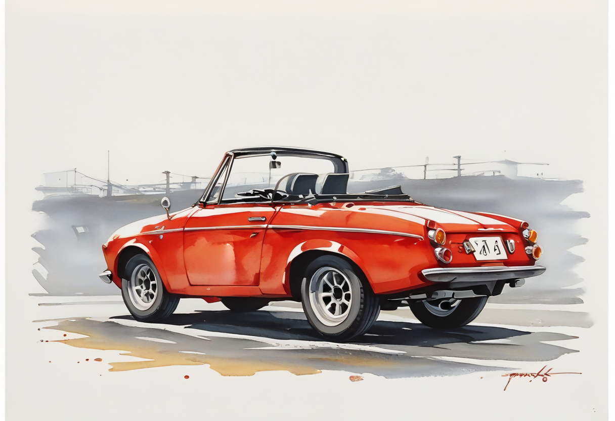 score_9,score_8_up,score_7_up,
Car illustration,dramatic lighting,high contrast,decorative,atmospheric,haunting beauty,texture,(dynamic angles),retro,subdued colors,splash art,highly detailed illustration,trending on Artstation,paint splatters,perfect composition,watercolor,sharp focus,intricate details,highly detailed,white background,
Red,black,gray,yellow,white,
<lora:Midjourney_5:0.6>,<lora:WaterColorV3:0.8>,watercolor,<lora:BDpony_DatsunFairlady2000_V1-22500:0.9>,DatsunFairlady2000,car,motor vehicle,ground vehicle,