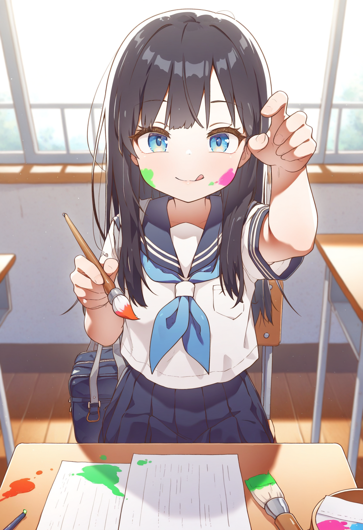 masterpiece,best quality,amazing quality,
1girl, school uniform, tongue, long hair, tongue out, indoors, classroom, blue eyes, serafuku, skirt, looking at viewer, sailor collar, desk, holding, shirt, bangs, paintbrush, black hair, window, paint, short sleeves, chair, :q, colorful, white shirt, wooden floor, pov, solo, bag, pleated skirt, school desk, blue neckerchief, sunlight, arm up, paper,
 <lora:MountainHan:1>