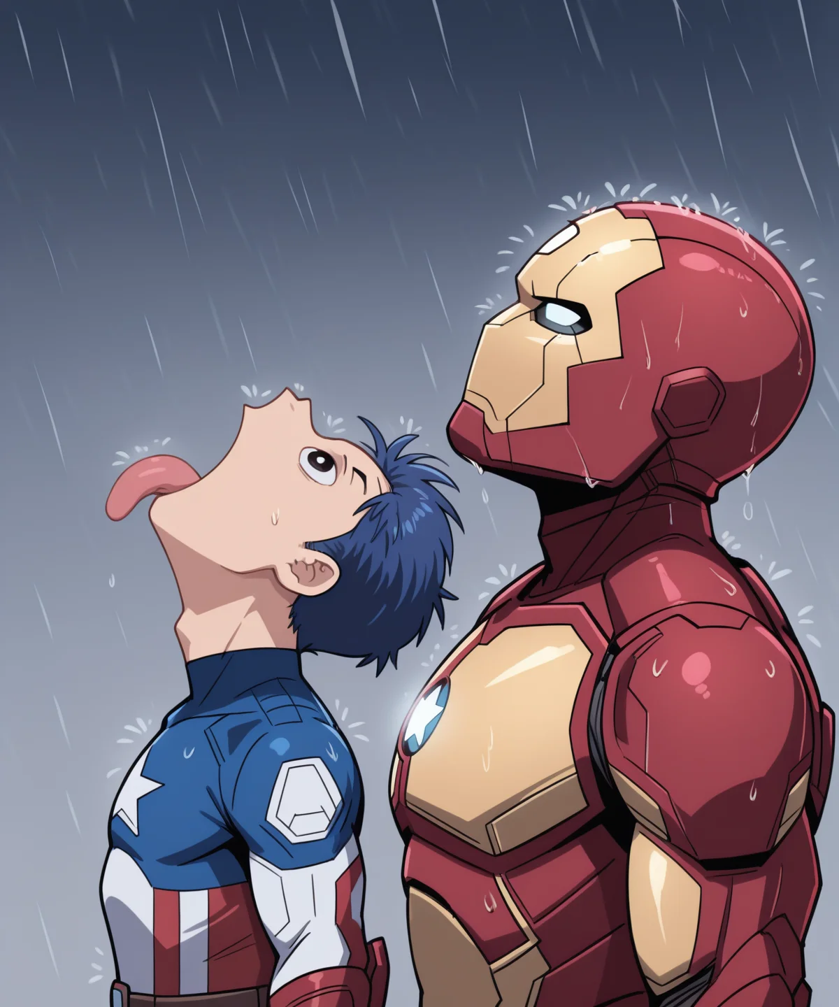 goku_and_vegeta_in_the_rain_(meme), tongue out, rain, open mouth, rain, looking up, (tongue out:0.5), iron man, captain america, 2boys, masterpiece, best quality, absurdres, amazing quality,