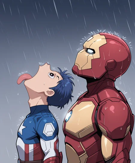 goku_and_vegeta_in_the_rain_(meme), tongue out, rain, open mouth, rain, looking up, (tongue out:0.5), iron man, captain america, 2boys, masterpiece, best quality, absurdres, amazing quality,