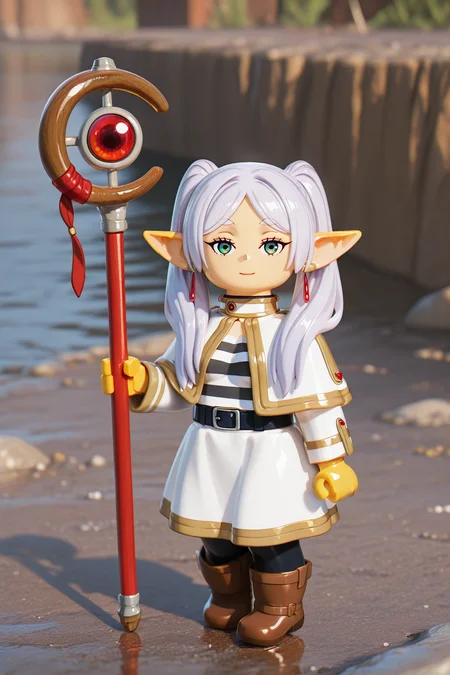 1girl,looking at viewer,facing viewer, front viewer, <lora:Lego Minifig (illust):1>lmfstyle, figure, lego minifig, lego minifigure, toy figure, plastic texture, colored skin, yellow skin, chibi, realistic background, <lora:SousouNoFrieren_Frieren_IlluXL:1> Frieren Casual,grey hair, long hair, green eyes, twintails, parted bangs, earrings, pointy ears,small breasts,flat, striped shirt, white capelet, black belt, white skirt, long sleeves, black pantyhose,brown boots, holding staff, breasts,digital illustration,1girl, masterpiece, best quality,highres,
