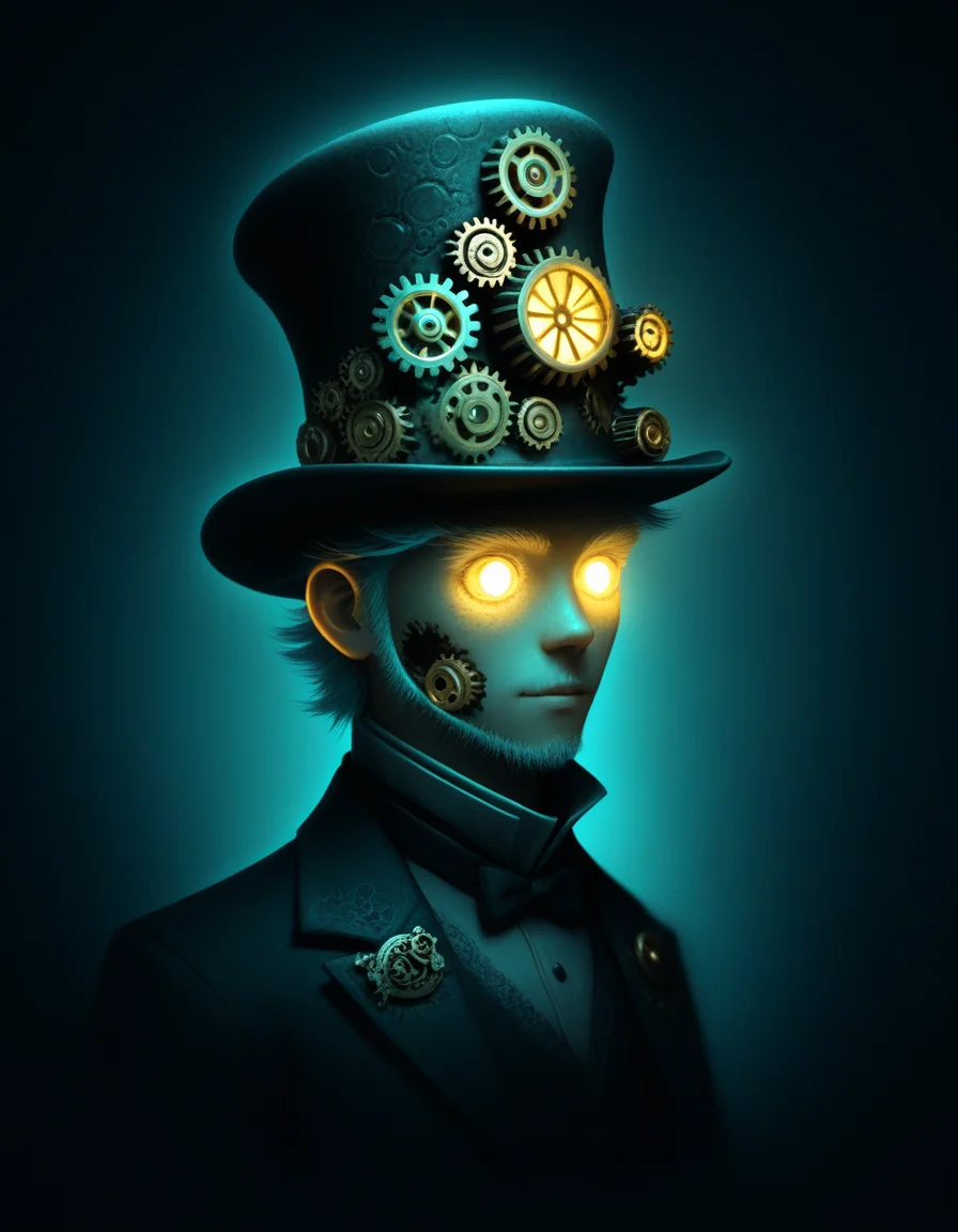 <lora:020_nvcmsdx_1:1> steampunk wearing a hat with gears nvcmsdx glow