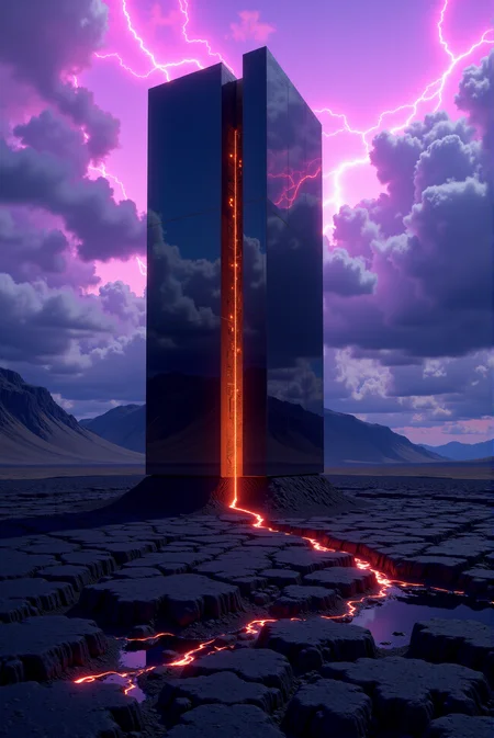 <lora:Legacy_of_the_forerunners_r1:0.7>
On a windswept plateau of blackened soil and mineral dust, a single colossal rectangular structure rises with mirror-like facesâits pristine edges cutting sharply into the raw, chaotic terrain. The front face reflects a darkening violet sky, while its side reveals an interior glow behind semi-transparent layers, suggesting a depth of function concealed within opaque perfection. The base appears frictionlessly anchored, its intersection with the ground devoid of rubble or weathering. A narrow split along its center pulses with a timed orange light, like a heartbeat of some dormant intelligence. Behind it, the sky fractures into streaks of light and storm, subtly pulled by whatever force the monolith emits. Rendered with hard edge-lens clarity and ultra-sharp surface detail, the composition focuses on contrast between monolithic symmetry and geological entropy. The style merges surrealist post-geometry with digital architectural photorealism, portraying the structure as both a data reservoir and temporal keystone.