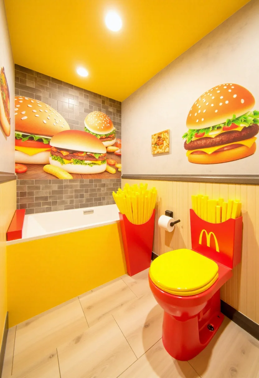 <lora:Custom_Bathroom_Crafter_FLUX-000013:0.9>
This is a photograph of a modern, fast food themed bathroom, with yellow and red details, hamburger shaped bathtub, and french fries toilet.