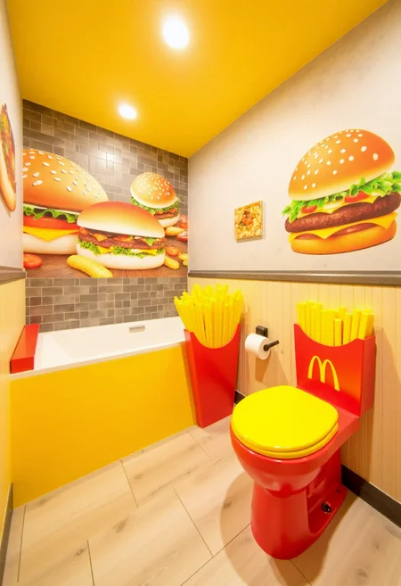 <lora:Custom_Bathroom_Crafter_FLUX-000013:0.9>
This is a photograph of a modern, fast food themed bathroom, with yellow and red  details, hamburger shaped bathtub, and french fries toilet.