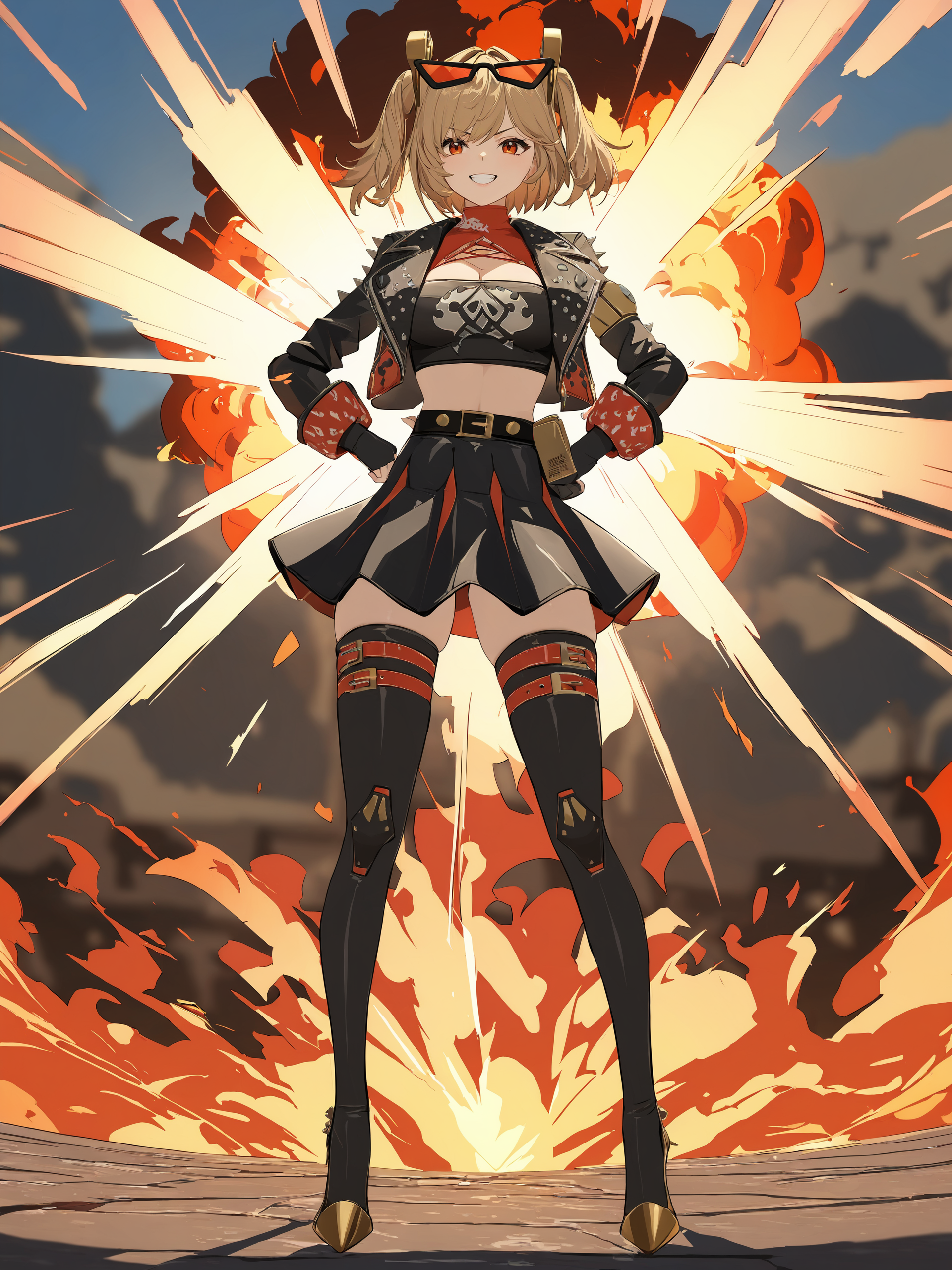 1girl, burnice white, twintails, black skirt, hair ornament, sunglasses on head, latex thighhighs, smile, cropped jacket, fingerless gloves, sleeveless turtleneck, tube top, pumps, full body, grin, v-shaped eyebrows, legs apart, hands on hips, fire, explosion, depth of field <lora:Char-ZZZ-Burnice-V1-SDXL:0.9>, masterpiece, best quality, very aesthetic, ray tracing, newest, illustration, incredibly absurdres, ultra detailed, [<lora:detailed_notrigger:0.95>::0.5]