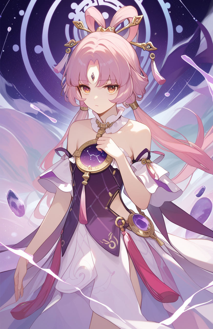 <lora:naipixa31-000019:0.3>,<lora:ç¬¦çpony:1>,a girl named fuxuan,fuxuan,1girl,forehead jewel,low twintails,bare shoulders,detached sleeves,dress,tassel,constellation,jewelry,, (score_9,score_8_up,score_7_up),(masterpiece,best quality,high quality:1.2),absurdres,