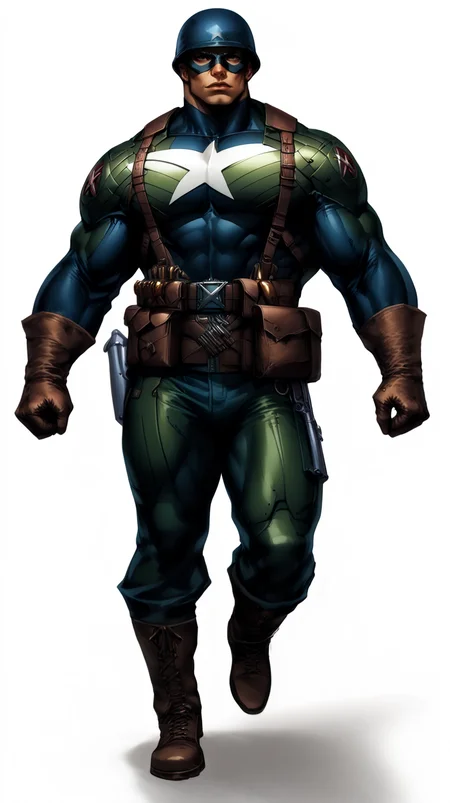 score_9, score_8_up, score_7_up, a man with a strong jaw in a tactical navy blue (muscled superhero costume with green armored highlights:1.2), (m1 helmet:1.4), (superhero domino mask:1.2), leather gloves, laced combat boots, bullet bandolier across his chest, gunslinger belt, huge biceps, (white background:1.2), character design, concept art, detailed face, high Detail, Sharp focus, dramatic, (full body shot:1.2), (solo:1.2), <lora:ArtgermLycoXL:0.5> <lora:c0rb3nXLP:0.5> c0rb3n <lora:detailed_hands:1> hands, <lora:ComicsPonyXL_V2:0.7> Comistyle <lora:WW2_Superhero_Costume:1>