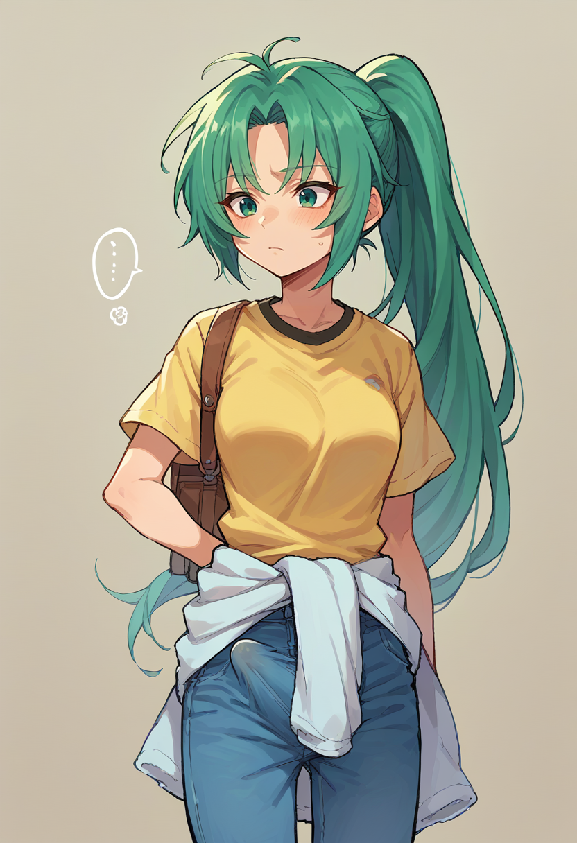 score_9, score_8_up, score_7_up, source_anime ,   <lora:Erection Under Clothes-000012:1> erection under clothes,   <lora:MionPonyN:1> Mion Sonozaki, green eyes, ponytail,  green hair, yellow T-shirt, clothes around waist, jeans,  1girl, solo,