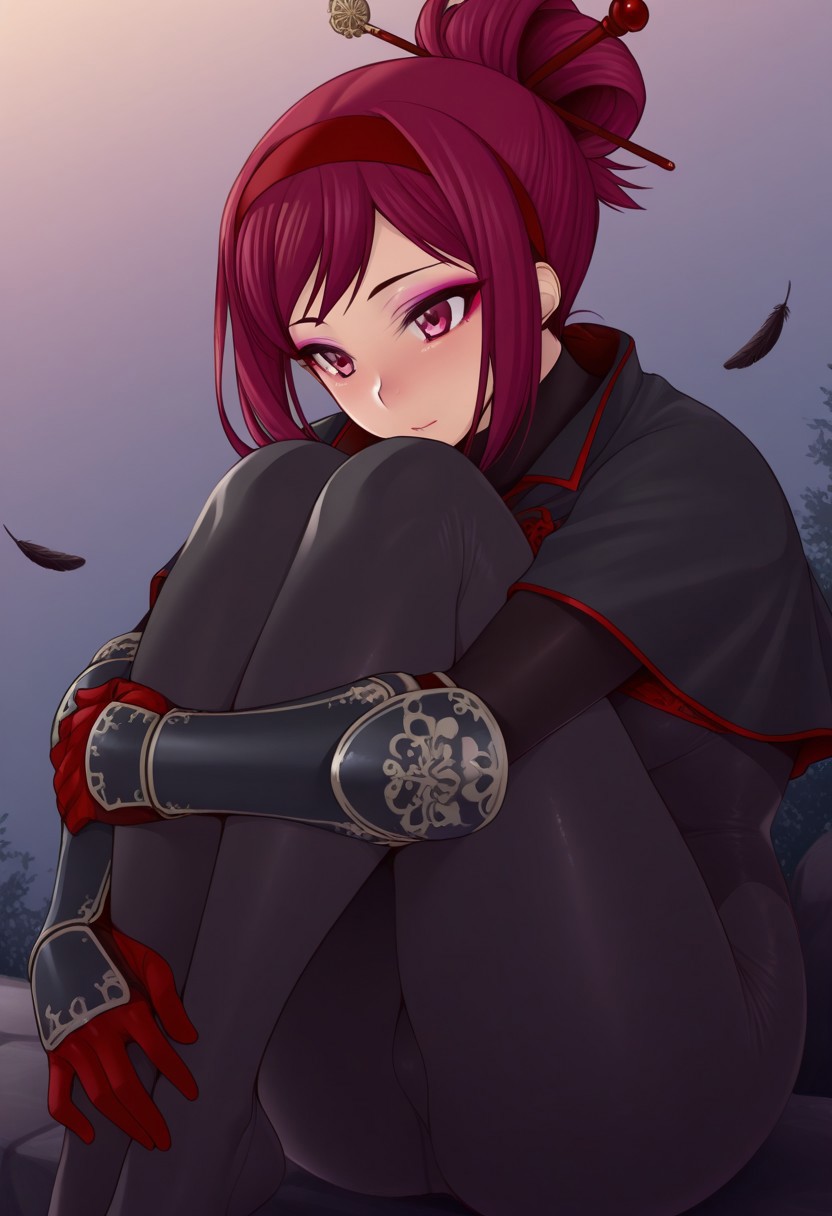 namidame, outdoors, undershirt, falling feathers, black bodysuit, hair stick, hugging own legs, , gauntlets,   eyeshadow,  , gradient background, red gloves,  high ponytail,  , black capelet, red hairband, pink eyes