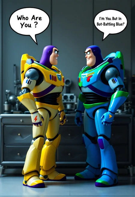 Two identical Buzz Lightyears stand on a sleek, high-tech dresser, facing each other with a hint of aggression. The yellow Buzz Lightyear, with a confident smirk, says in a speech bubble: "Who Are You?". His iconic space ranger suit is a vibrant, sunshine yellow, complete with a thunderbolt-shaped insignia on his chest.
The blue Buzz Lightyear, with a matching smirk, responds in a speech bubble: "I'm You, But In Bot-Battling Blue!". His suit is a bold, electric blue, with the same thunderbolt insignia on his chest. The two space rangers stand toe-to-toe, their laser blasters at the ready, as if daring each other to make the first move. The dresser behind them is cluttered with various space-themed gadgets and tools, adding to the tense atmosphere. highest-Quality, intricate details, visually stunning, Masterpiece