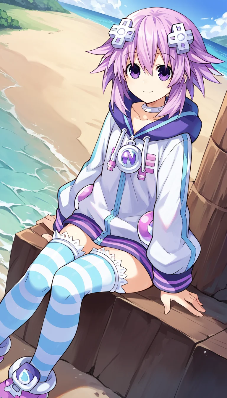 score_9, score_8_up, score_7_up, score_6_up, score_5_up, source_anime, 1girl, solo, purple eyes, purple hair, short hair, sidelocks, d-pad hair ornament, smile, closed mouth, choker, shoes, white choker, hoodie, jacket, striped, striped legwear, thighhighs, looking at viewer, dutch angle, cowboy shot, outdoors, sunny, sitting, beach, <lora:Neptune_Neptunia_PonyXL:0.8>, Neptune \(neptunia)\,
