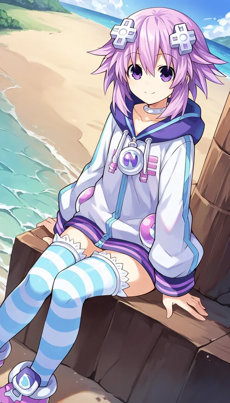score_9, score_8_up, score_7_up, score_6_up, score_5_up, source_anime, 1girl, solo, purple eyes, purple hair, short hair, sidelocks, d-pad hair ornament, smile, closed mouth, choker, shoes, white choker, hoodie, jacket, striped, striped legwear, thighhighs, looking at viewer, dutch angle, cowboy shot, outdoors, sunny, sitting, beach, <lora:Neptune_Neptunia_PonyXL:0.8>, Neptune \(neptunia)\,