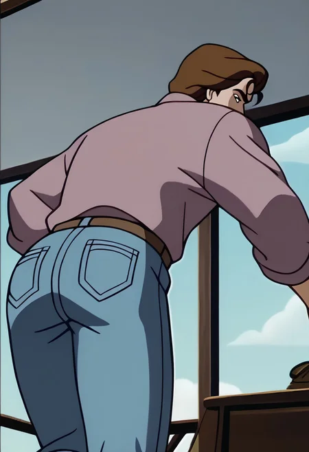 score_9, score_8_up, score_7_up BREAK PeterTAS, 1boy, brown hair, brown eyes, open gray jacket, pink tucked undershirt, brown belt, golden buckle, jeans, gray shoes, rear view, bent over, bending over, screenshot, official art, parody, cartoon footage, official design, screencap, cartoon screenshot, official screenshot, 2d, cartoon, source_cartoon, rear closeup, low-angle pov, low-angle view,