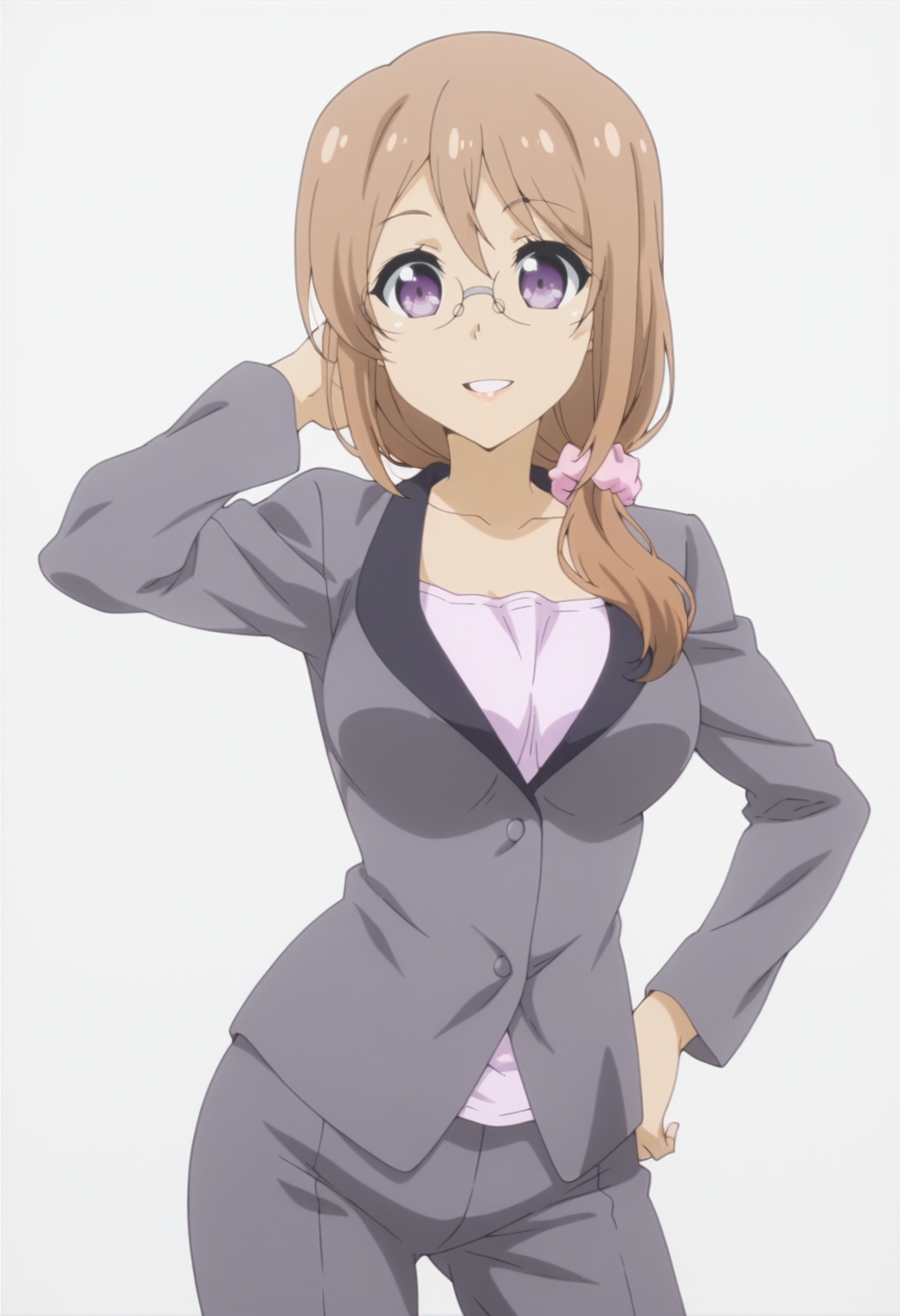 anime screencap, anime coloring,  <lora:DX888Yui:1> saitou yui, purple eyes, brown hair, long hair, hair over shoulder BREAK teacher, glasses, hair scrunchie, suit, grey pants, BREAK simple background, grey background,  honeycomb background, BREAK    1girl, breasts, cowboy shot, hand in own hair, parted lips, smile, solo,  contrapposto, arm up,  hand on own hip,