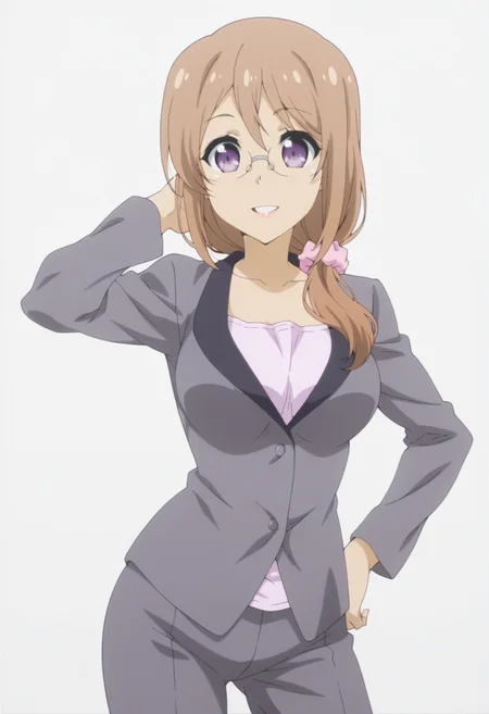anime screencap, anime coloring, <lora:DX888Yui:1> saitou yui, purple eyes, brown hair, long hair, hair over shoulder BREAK teacher, glasses, hair scrunchie, suit, grey pants, BREAK simple background, grey background, honeycomb background, BREAK 1girl, breasts, cowboy shot, hand in own hair, parted lips, smile, solo, contrapposto, arm up, hand on own hip,