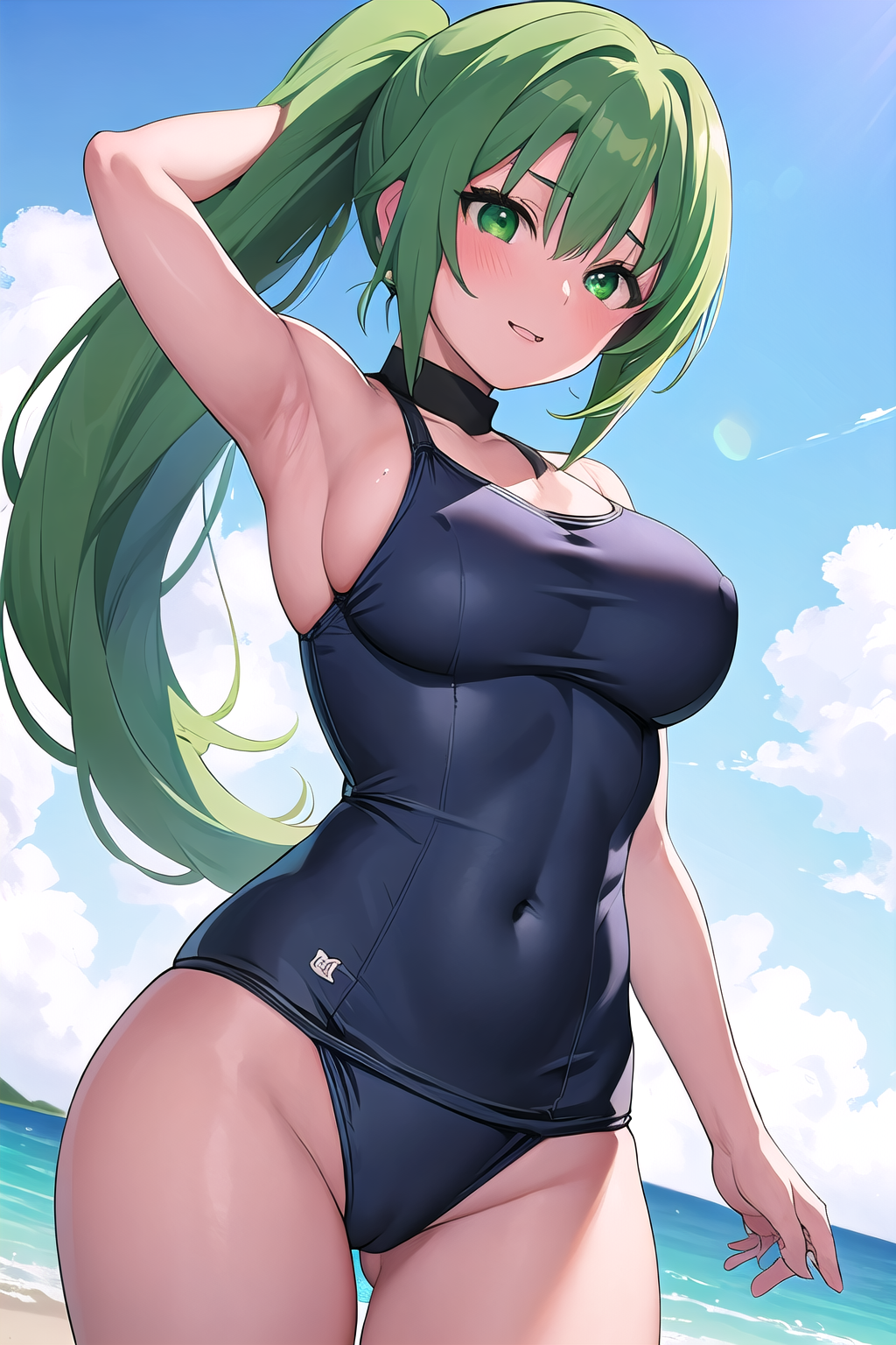 masterpiece, best quality, ultra-high-detailed, 1girl, Mion Sonozaki, green hair, green eyes, ponytail, school swimsuit