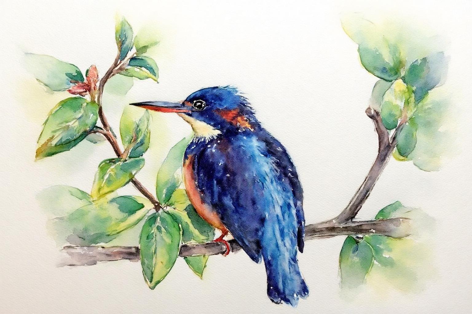 watercolor. 
A kingfisher perched on a branch, positioned slightly to the left of center, with a vivid blue body and wings.
 <lora:watercolor1_nbm_cap_d6a3e12:1.0><lora:838786037787426763:0>