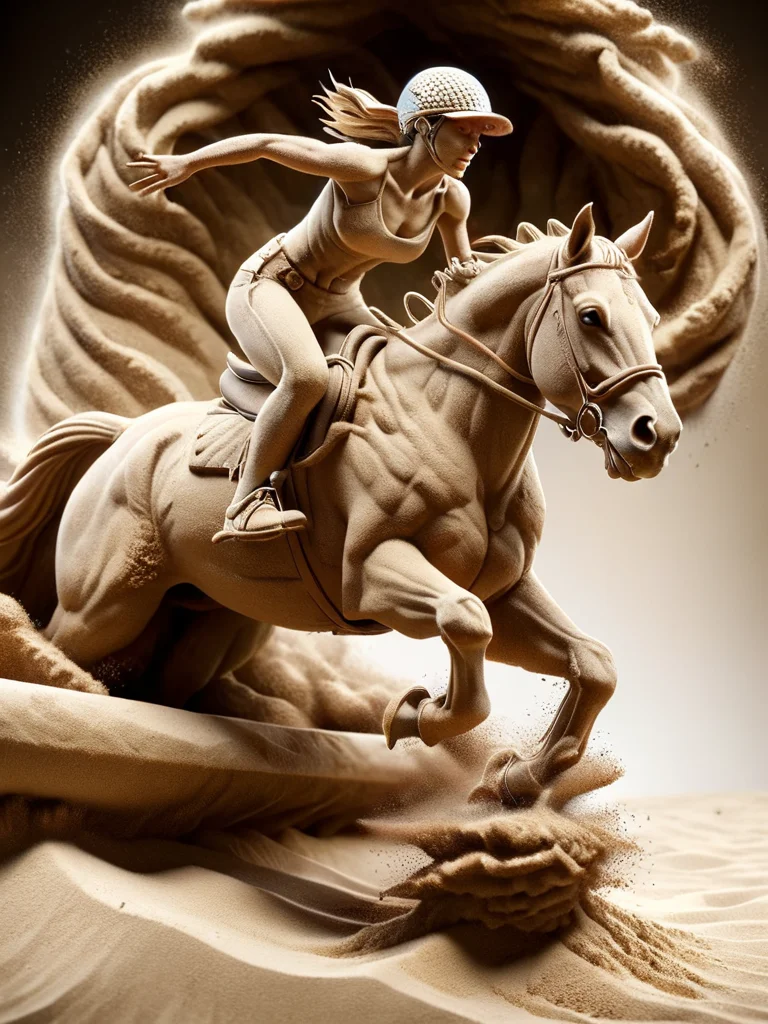 ral-sand, female riding a horse, jumping over an obstacle <lora:ral-sand-sdxl:1>