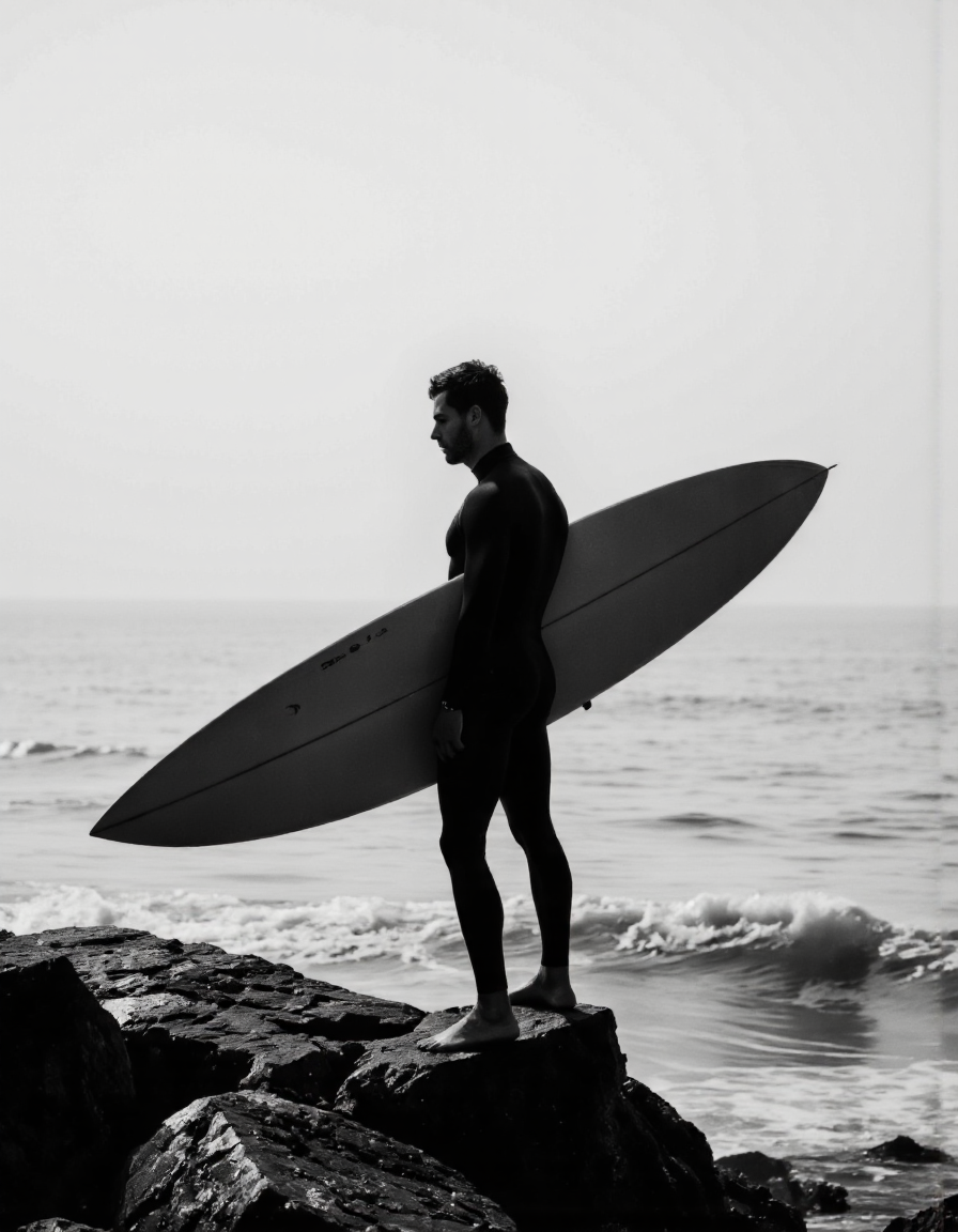 wavefun. A photo-realistic shoot from a profile camera angle about a silhouette of a surfer standing on a rocky cliff, holding a white surfboard, with a misty ocean in the background. the image also shows a serene atmosphere. on the middle of the image, a man, who appears to be in his early twenties, is standing with his full body visible, facing away from the camera. he is wearing a black wetsuit and has a serious expression on his face. his body is slim and muscular, with short hair and a beard. he has a beard and is holding a longboard in his right hand. the man is facing the viewer, with his left hand resting on his hip. his eyes are not visible, but his facial expression is focused on the horizon. the overall mood is one of calmness and serenity, with the man's silhouette standing out against the misty and misty background. <lora:Wind_&_waves_:0.9>