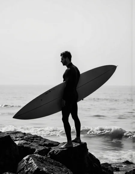 wavefun. A photo-realistic shoot from a profile camera angle about a silhouette of a surfer standing on a rocky cliff, holding a white surfboard, with a misty ocean in the background. the image also shows a serene atmosphere. on the middle of the image, a man, who appears to be in his early twenties, is standing with his full body visible, facing away from the camera. he is wearing a black wetsuit and has a serious expression on his face. his body is slim and muscular, with short hair and a beard. he has a beard and is holding a longboard in his right hand. the man is facing the viewer, with his left hand resting on his hip. his eyes are not visible, but his facial expression is focused on the horizon. the overall mood is one of calmness and serenity, with the man's silhouette standing out against the misty and misty background. <lora:Wind_&_waves_:0.9>
