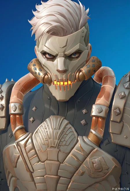 score_9_up, score_8_up, score_7_up, solo, portrait, 1boy, meg@don, muscular, white hair, mask, armored coat, pauldrons,